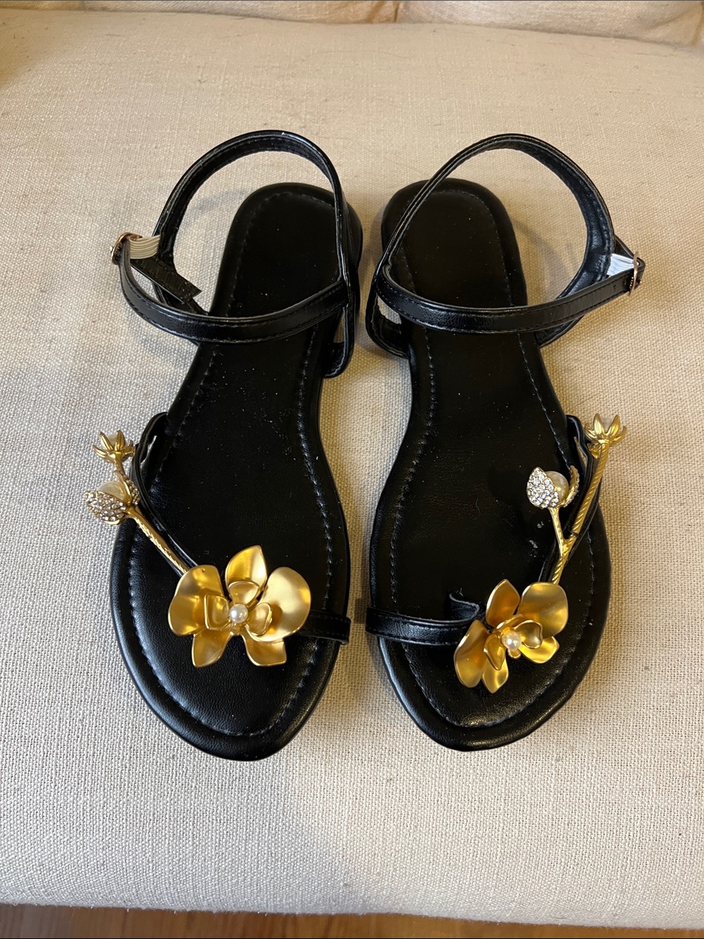 Black Sandals with Gold Floral Accent